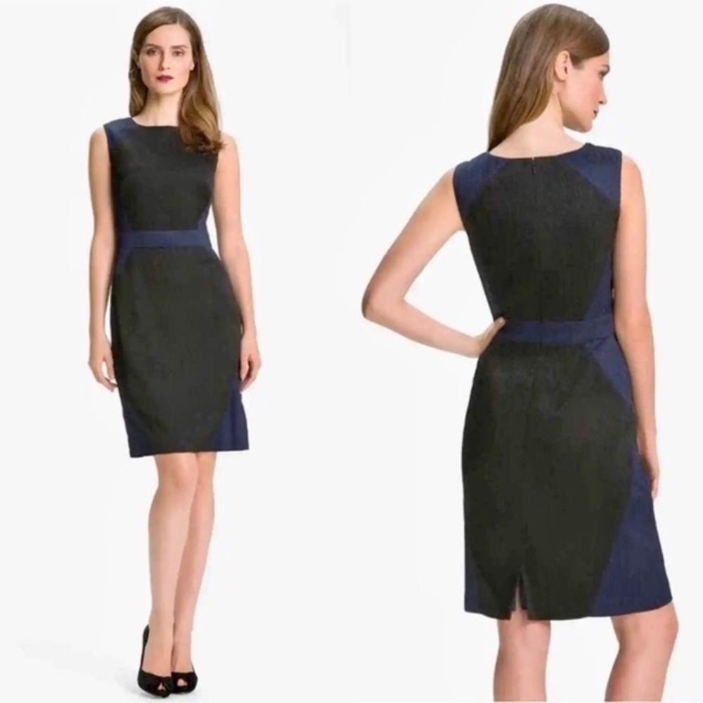 ADRIANNA PAPELL TEXTURED JACQUARD COLORBLOCK SLEEVELESS BLACK BLUE SHEATH DRESS